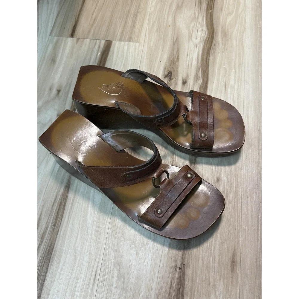 Vintage Y2K 90s SO GSJC Groovy Square Toe Brown Wooden Wedge Platform 8M